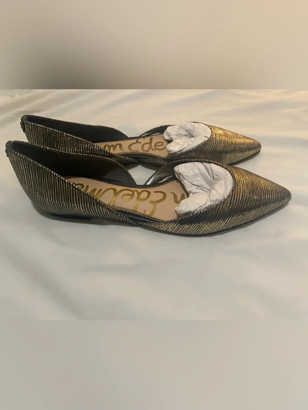 Sam Edelman Metallic Gold Textured Pointed-Toe D'Orsay Flats